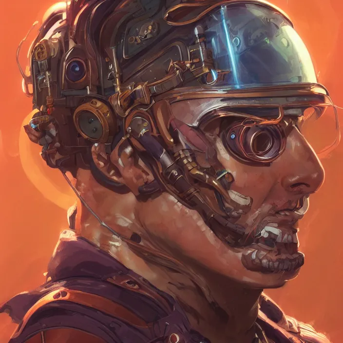 Image similar to a head and shoulders portrait of a space pirate, neon, retro, steampunk, smooth, sharp focus, intricate, artstation, detailed concept art by Rutkowski and Mucha and sky sewa and Darwin Cellis