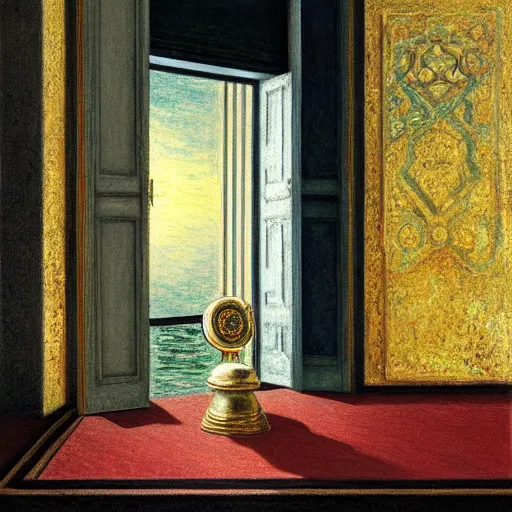 Image similar to still life painting of a room with a balcony and a marbled pedestal displaying an ancient holy artifact, centered in frame and shaped like signet ring, chromed and ornate with gentle iridescent shine from within. perspective from the side. realistic light and shadows. moody fantasy art, still life renaissance pastel painting. by monet