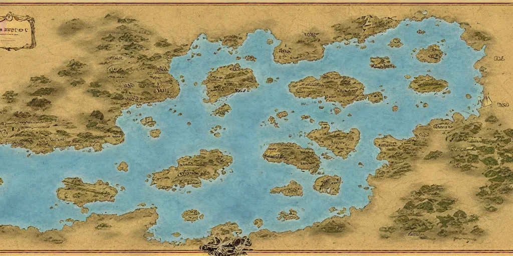 Image similar to a fantasy map of a large archipelago, 8 k