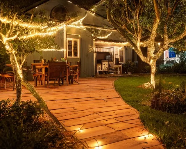 Prompt: a still photo of a backyard at night with fairy lights, house on the left side with wooden flooring, warm lighting