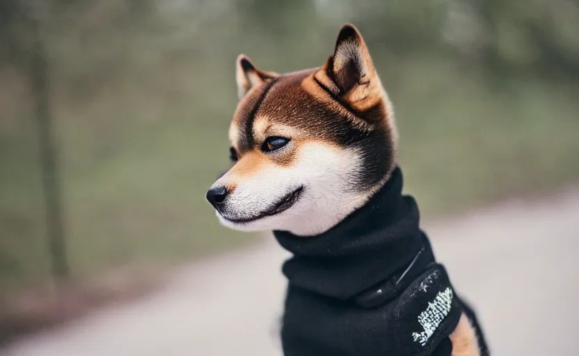 Image similar to a shiba inu wearing a a black turtle neck and wearing a black barret, bokeh, depth of feild, dslr photo