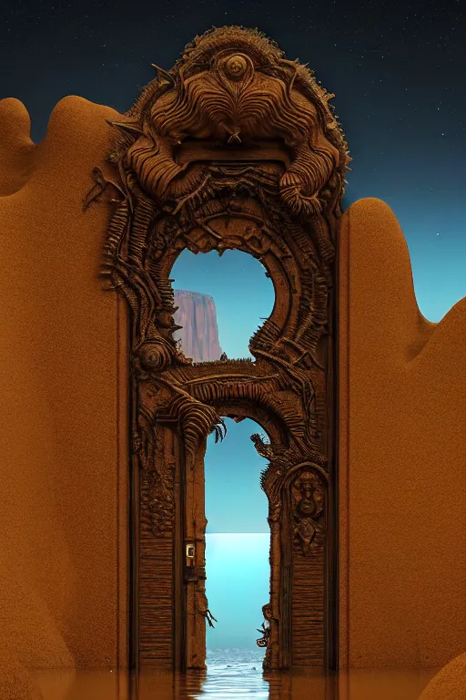 Image similar to ornate doorway to a monolith in a desert lush vegetation, warm tones, night, water reflection : : by michal karcz, daniel merriam, victo ngai and guillermo del toro : : ornate, dynamic, particulate, intricate, elegant, highly detailed, centered, artstation, smooth, sharp focus, octane render, 3 d