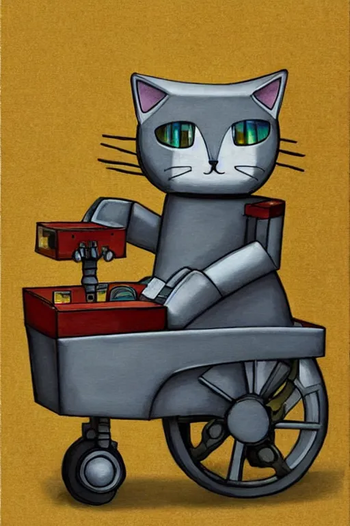 Image similar to ( ( ( ( ( ( ( a robot cat riding a cyber wagon ) ) ) ) ) ) ) by chris mcgrath!!!!!!!!!!!!!! muted colors, detailed