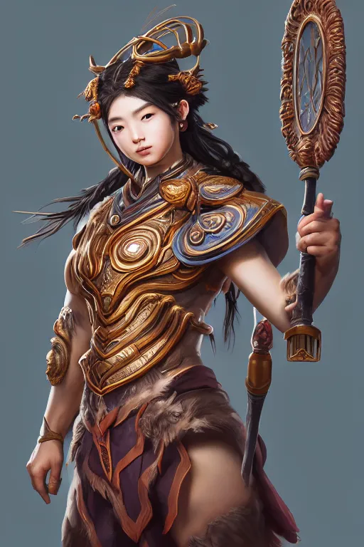 Image similar to a masterpiece portrait of nezha, handsome kid wear holding spear, fantasy character portrait, hyper detailed, digital painting, 8 k realistic, trending on artstation, sharp focus, dof, by ne zha ( 2 0 1 9 ), fenghua zhong, artgerm, ne zha from smite, tsuyoshi nagano, top lighting