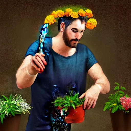 Image similar to man pouring water on head, flowers are in a pot on his head, the pot is part of his head, high detail, 8K digital art