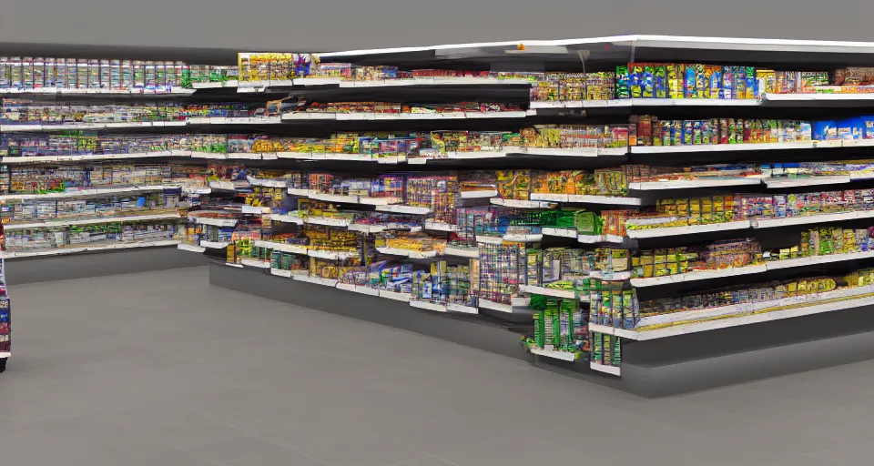 Prompt: vast futuristic supermarket with endless shelves, vray render, hyperrealistic