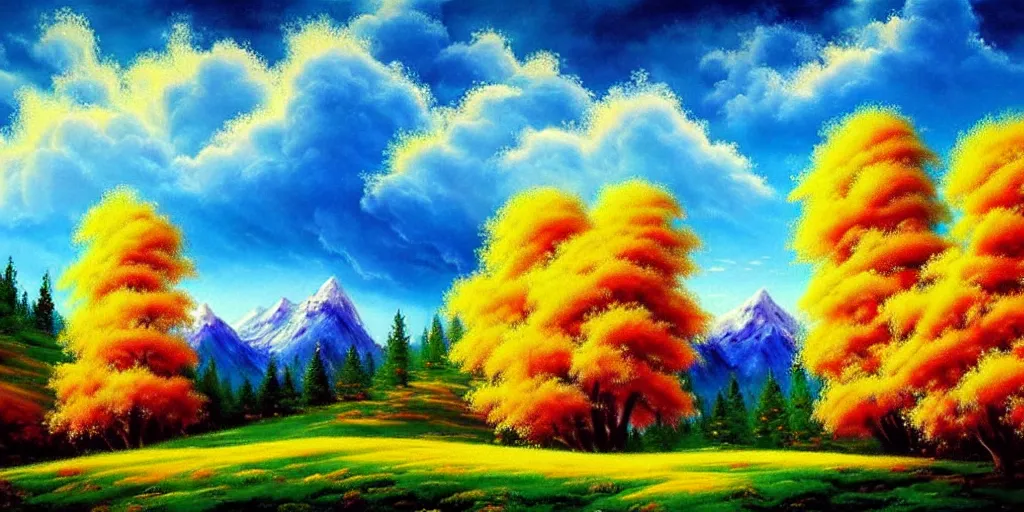 Image similar to a beautiful fantasy landscape art, orange clouds in the blue sky and green trees, snowy mountains, art by bob ross