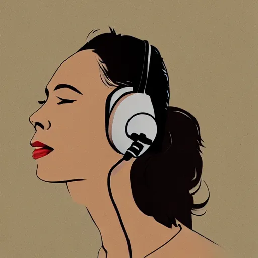 Image similar to a realism illustration of a beautiful woman with headphones dancing