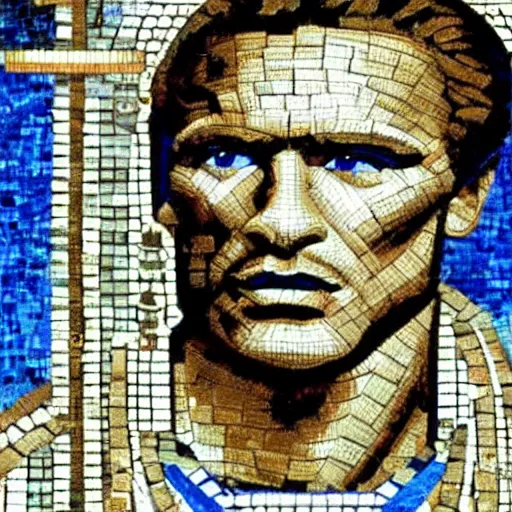 Prompt: ancient greek mosaic of arnold schwarzenegger in zelda movie