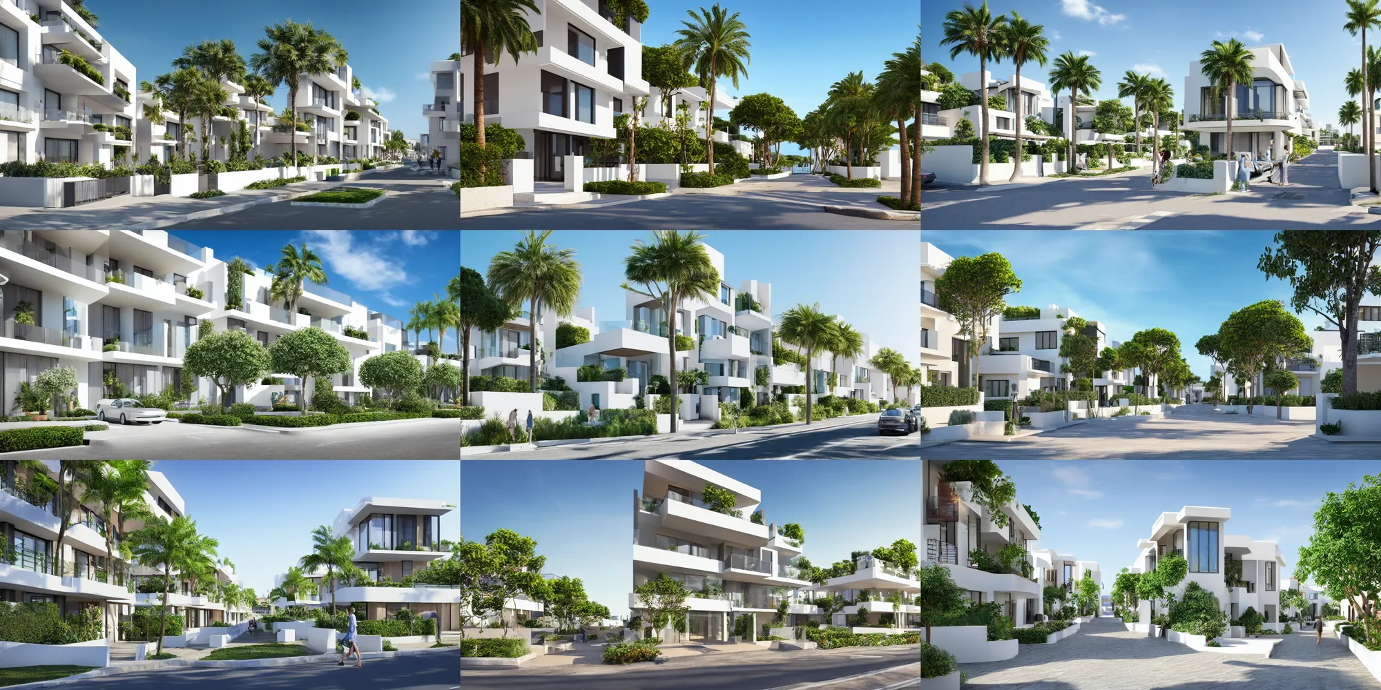 Prompt: render of a street with beautiful modern homes, designed for cozy aesthetics!, beachfront, monaco, energy efficiency and maximizing plants and greenery, cg render, sunny sky light, high resolution, professional