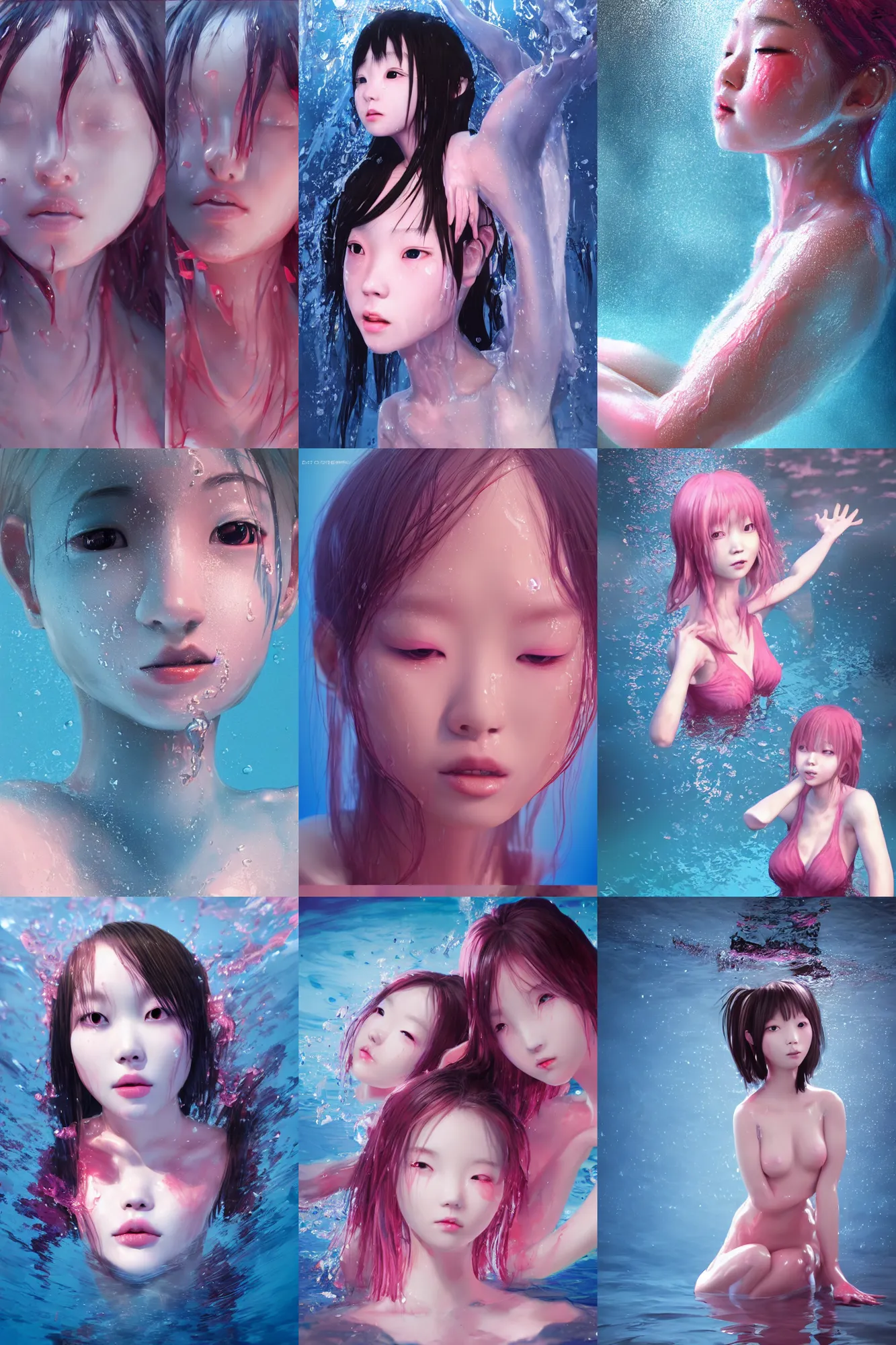 Prompt: 3d dark infrared octane render concept art by D. Jun, by Mo Xiang Tong Xiu, by Igarashi Daisuke, beauty portrait anime schoolgirls under dark pink and blue water. cute face. wet skin. dispersion water. mirror. dramatic light, trending on artstation, oil painting.