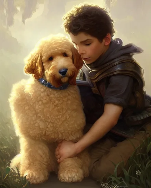 Image similar to A boy and a goldendoodle dog hugging, deep focus, D&D, fantasy, intricate, elegant, highly detailed, digital painting, artstation, concept art, matte, sharp focus, illustration, hearthstone, art by Artgerm and Greg Rutkowski and Alphonse Mucha