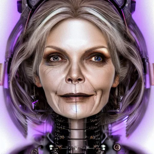 Prompt: Intricate hyperrealistic steampunk portrait of a grunge old female robot face, resembling Michelle Pfeiffer, the right eye has blue neon glowing, background is a soft lit white colored room, wide screen format, film grain