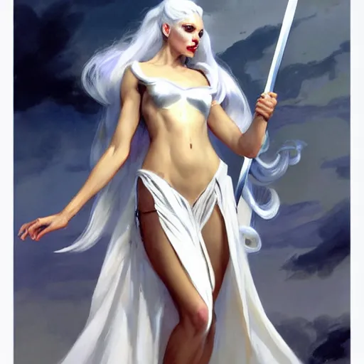 Image similar to greg manchess painting of queen of zokra, silver white hair, long gown, sorceress sword, soft lighting, trending on artstation, by huang guangjian and gil elvgren and sachin teng