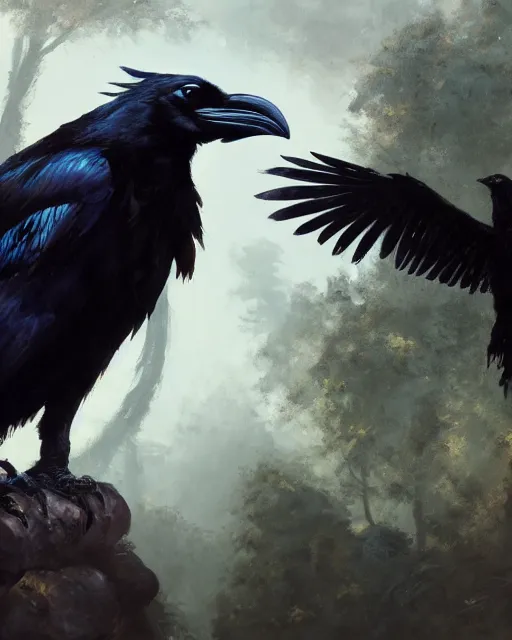 Prompt: oil painting of a Anthropomorphized raven shaman and dragon, sharp focus, fantasy artwork, octane render, volumetric lighting, 8k high definition, by greg rutkowski, highly detailed, trending on art Station, magic the gathering artwork, Woodland background, centered