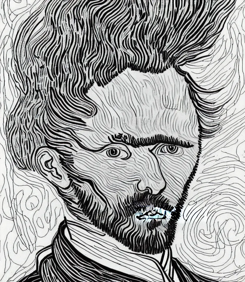 Prompt: elegant minimalist line art portrait of vincent van gogh. inspired by egon schiele. contour lines, graphic musicality, twirls, curls and curves, strong confident personality, staring at the viewer