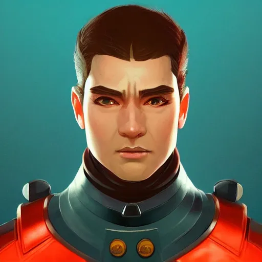 Image similar to Portrait of a futuristic general, LED helm, strong chin, lots of gallons on his jacket, mattepainting concept Blizzard pixar maya engine on stylized background splash comics global illumination lighting artstation lois van baarle, ilya kuvshinov, rossdraws