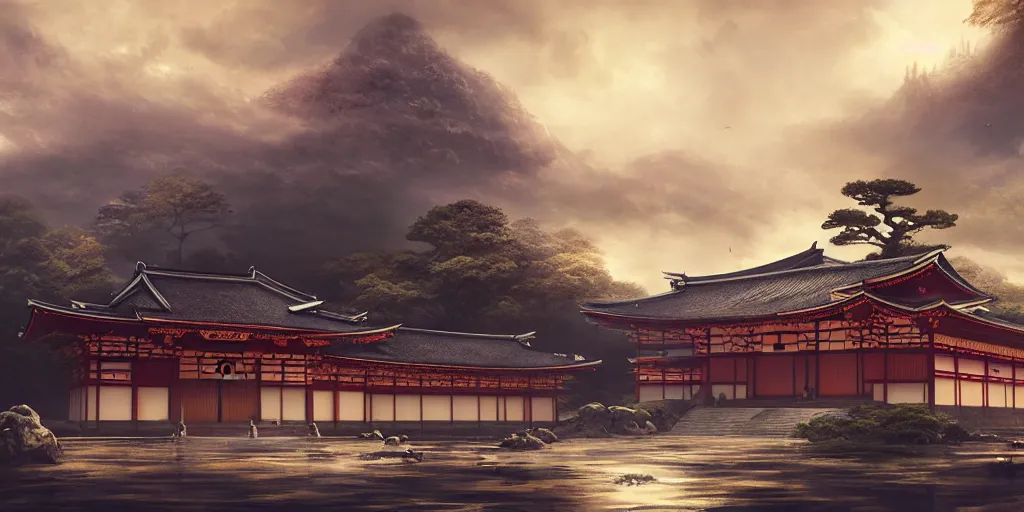 Prompt: a japanese buddhist temple. a fantasy digital painting by romain jouandeau, greg rutkowski, richard schmid, misty clouds, atmospheric lighting, photorealistic, dynamic lighting, highly detailed, cinematic landscape, architectural concept, full building, dynamic angle, line art, golden rays,