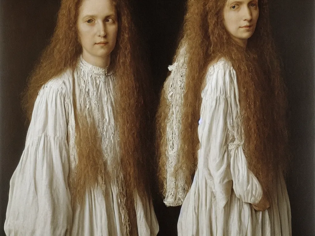 Image similar to portrait of a long haired hippy woman in a white dress. 21 th century clothes. Painting by Jan van Eyck, August Sander.