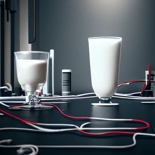 Prompt: surrealist rendering of electronics with milk inside, dark room, white milk, flowing, unreal engine, 8 k, dreamlike, cyberpunk