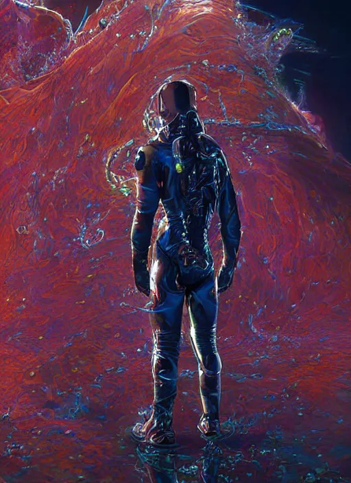 Image similar to astronaut in dark void underwater - complex and hyperdetailed technical suit design. reflection and dispersion materials. rays and dispersion of light. volumetric light. f / 3 2. noise film photo. flash photography. ultra realistic, 5 0 mm. poster by wayne barlowe, hajime sorayama aaron horkey, craig mullins