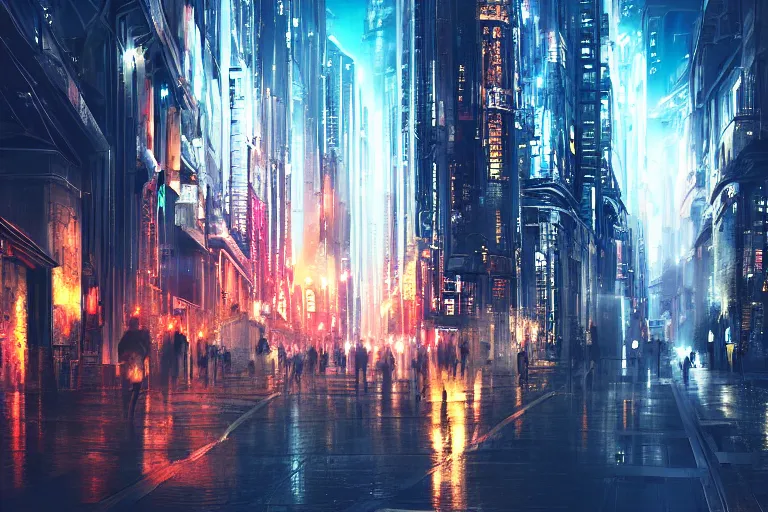 Prompt: futuristic city, street, depth of field, by wlop, at night, poster, highly detailled