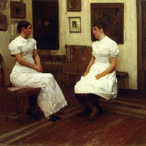 Image similar to white 👗 women in a room, by thomas eakins