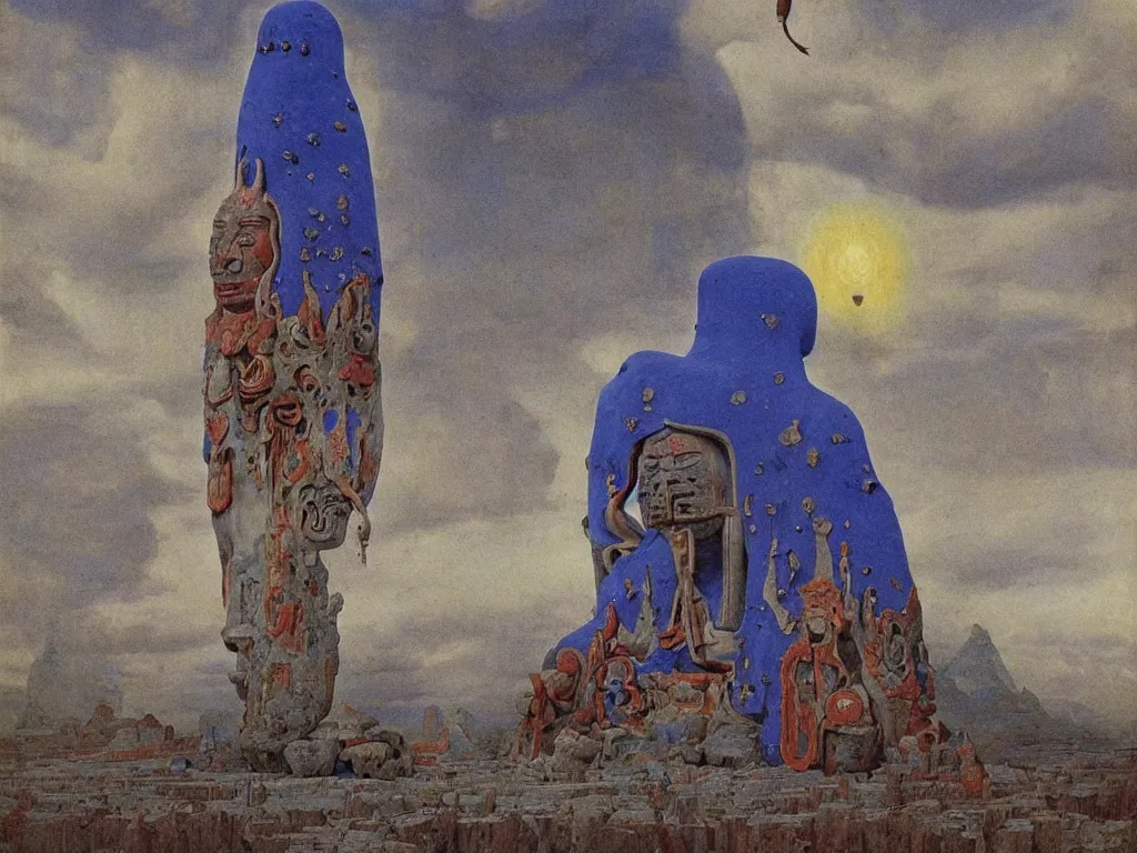 Image similar to Albino mystic with his back turned, looking in the distance at giant totemic archaic sculpture mask Tibetan temple made from Lapis Lazuli. Painting by Jan van Eyck, Beksinski, Caspar David Friedrich, Rene Magritte, Agnes Pelton, Max Ernst, Walton Ford