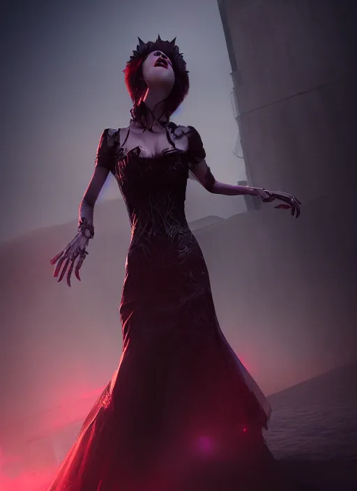 Prompt: realistic matte painting, full length portrait, the duchess of blood owns the las vegas night, vampire, highly detailed, CGsociety, subtle, concept art, HDR, hyper realistic, volumetric lighting, subsurface scattering, unreal