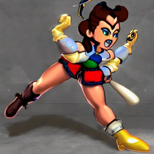 Prompt: chun li stomping a goomba with a pogo stick.