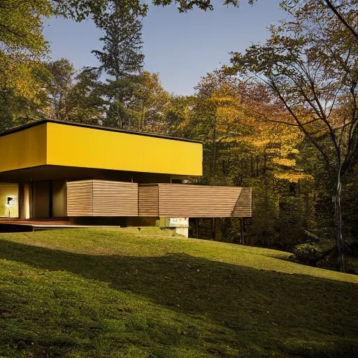 Prompt: architecture ad for a mid-century modern house in the middle of the wood designed by Moshe Safdie. grain, cinematic, colorized, yellow hue.