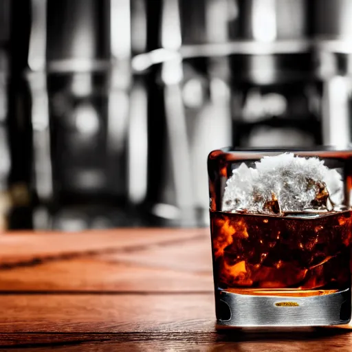 Prompt: whiskey shot glass full of whiskey and shaved ice on a shiny wood bar, depth of field, bokeh, dynamic lighting