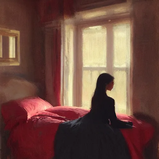Prompt: beautiful girl with long black hair, in backless red dress, backview, sitting on edge of bed, in a candle lit room, by jeremy lipking, tim rees, joseph todorovitch