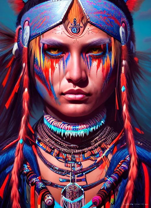 Prompt: hyper detailed ultra sharp cherokee shaman warrior trance girl. trending on artstation, warpaint aesthetic, bloodwave, colorful, psychedelic, ornate, intricate, digital painting, concept art, smooth, sharp focus, illustration, art by artgerm and greg rutkowski and h. r. giger, 8 k