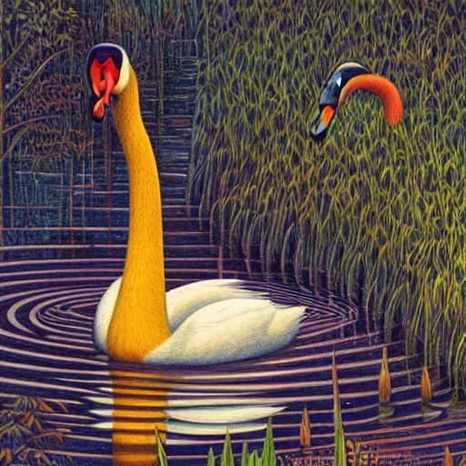 Image similar to colored pencil art on paper, swan seimming in a pond, by casey weldon, highly detailed, artstation, masterpiece, award - winning, caran d'ache luminance