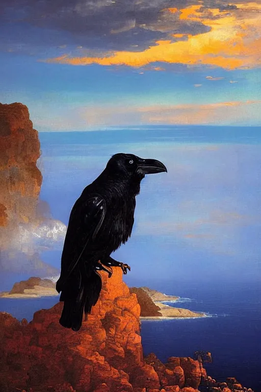Prompt: a breathtakingly stunningly beautifully highly detailed extreme close up portrait of a raven, a rock arch overhead framing shot, epic coves crashing waves plants, beautiful clear harmonious composition, dynamically shot, wonderful strikingly vivid orange beautiful dynamic sunset with epic clouds, detailed organic textures, by frederic leighton and rosetti and turner and eugene von guerard, 4 k