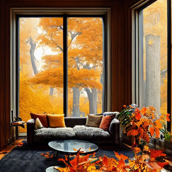 Image similar to fantastical living room with autumn chicago landscape in the window by marc adamus, beautiful dramatic lighting, overgrown with funghi, coat rack with coat hanging off, style by peter deligdisch, peterdraws