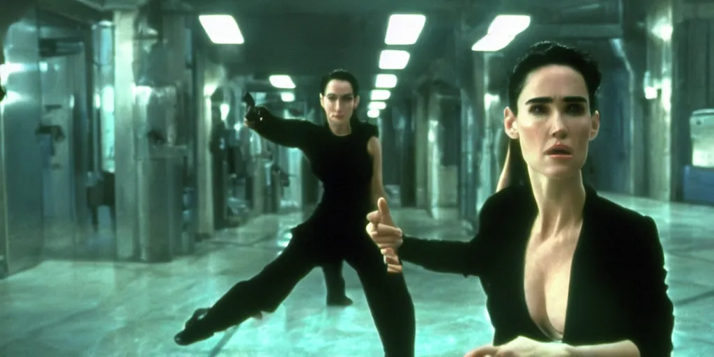 Prompt: jennifer connelly in matrix, cinema, still from movie, action, blu ray, 4 k, strong acting