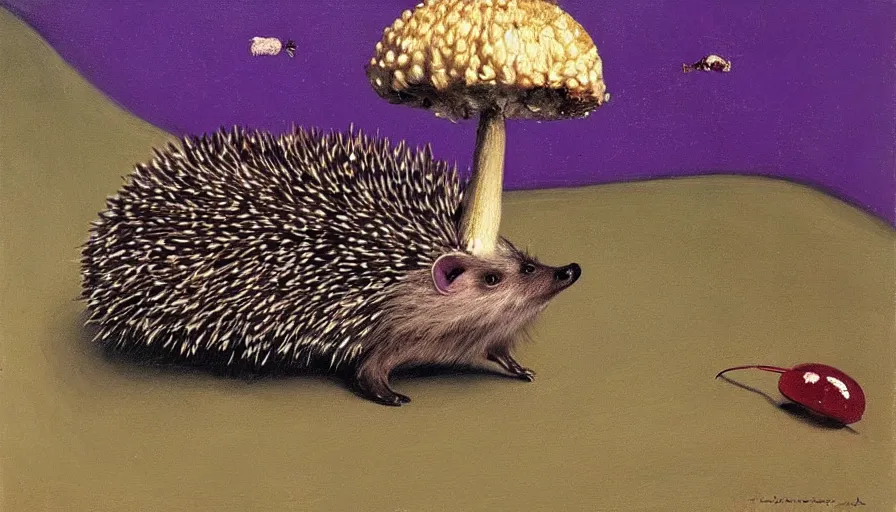 Image similar to painting by borremans, hedgehog with purple needles hides under fly agaric from the rain, detailed, stunning