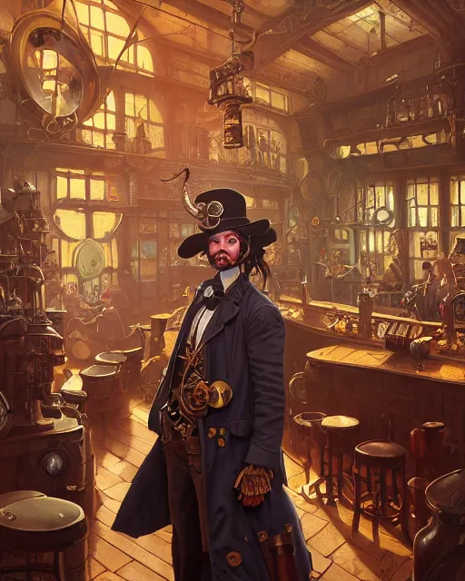 Prompt: highly detailed surreal vfx portrait of a steampunk cowboy in a steampunk saloon, stephen bliss, unreal engine, greg rutkowski, loish, rhads, beeple, makoto shinkai and lois van baarle, ilya kuvshinov, rossdraws, tom bagshaw, alphonse mucha, global illumination, detailed and intricate environment