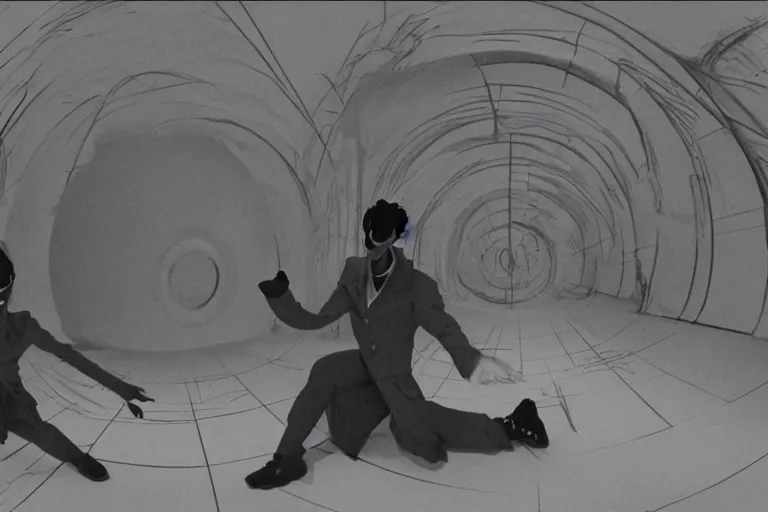 Image similar to movie scene from Neo vs Morpheus in The Cabinet of Dr. Caligari, hd, 4k, remaster, dynamic camera angle, deep 3 point perspective, fish eye, dynamic scene