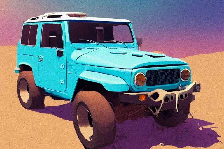 Image similar to digital illustration of a faded cyan mad max's fj 4 0 decrepit!!!! pursuit special, rusty!!! nissan fj cruiser heavily modded 1 9 9 0 s, the last v 8 interceptor by makoto shinkai, ilya kuvshinov, lois van baarle, rossdraws, basquiat