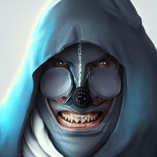 Image similar to a highly detailed, portrait of a man with black hair with a black medical mask, in a hood in the form of a blue shark with white teeth, artstation, DeviantArt, professional, octane render, digital art