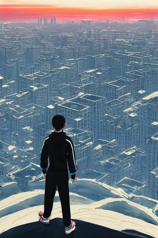 Prompt: Man in black adidas tracksuit looking atop of a urban plateau filled with soviet apartment buildings, golden hour, dreamy, beautiful clouds, beautiful ambient, lighting, wallpaper, beautiful artwork by Makoto Shinkai