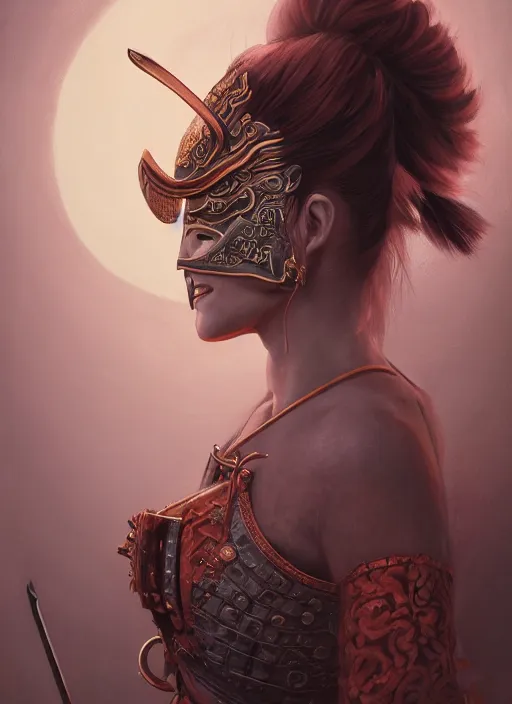 Image similar to a beautiful detailed oil on copper art illustration of a japanese samurai demon mask woman, the mask is broken, centered, by charlie bowater, zeng fanzh, trending on artstation, dim dusk lighting, cinematic lighting, detailed lighting, volumetric lighting, realistic, f 8, 4 k hd wallpaper