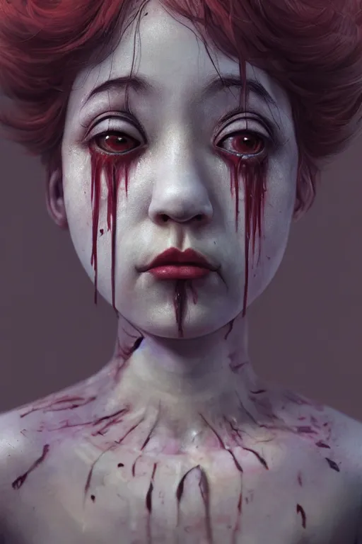 Prompt: breathtaking detailed painting of clown girl tears from eyes , with anxious, piercing eyes, art by Hsiao-Ron Cheng, Ja Miyazaki, extremely moody lighting, hyperrealistic, octane render, ambient light, dynamic lighting