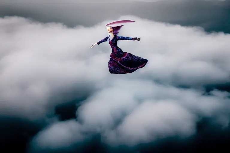 Prompt: photograph of a haute couture model flying through clouds, aerial view. photography by julia hetta, cinematic, elegant, real dlsr photography, sharp focus, 4 k, ultra hd, sense of awe