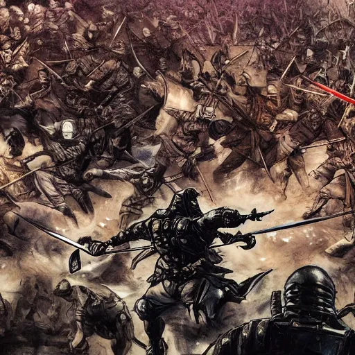 Prompt: one hero with sword looking at army of swordsmen in the background, in the middle of an arena, crowd of people, pencil art, straight, clear, added detail, high definiton, colored, backfacing, by yoji shinkawa