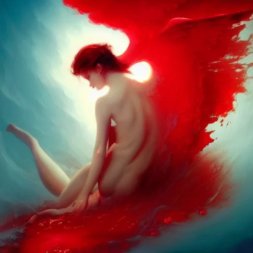 Image similar to a fallen angel in red fluid simulation, painting by ross tran and ivan aivazovsky