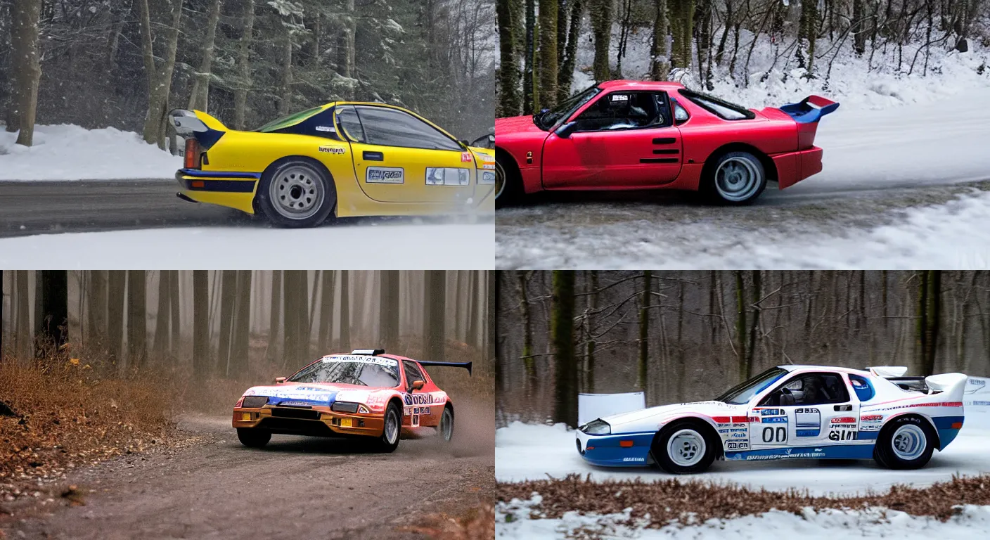 Prompt: a 1 9 9 0 mazda savanna rx - 7, racing through a rally stage in a snowy forest